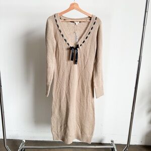 NWT Tan For Love And Lemons “Solana” Knit Midi Dress with Black Trim Sz Small